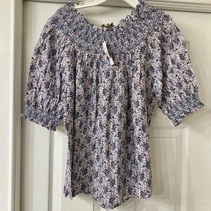 LOFT Ditsy Floral Smocked Neck Peasant Top Pink NWT